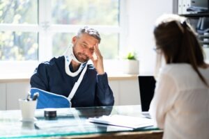 Man in neck brace and arm sling sits across desk from Kinston car accident lawyer